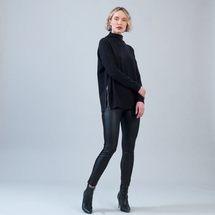 Ribbed Zipper Tunic Sweater - Black