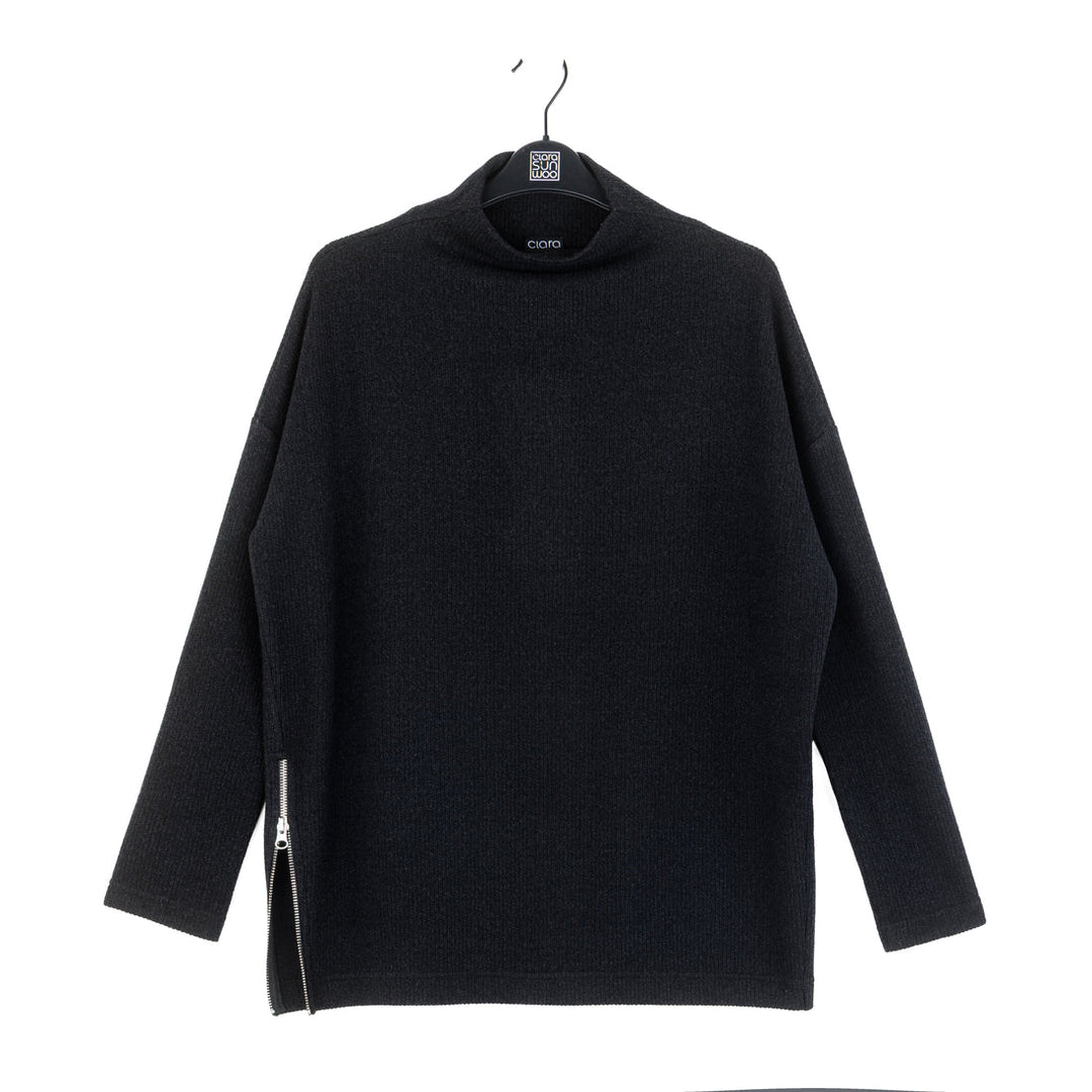 Ribbed Zipper Tunic Sweater - Black