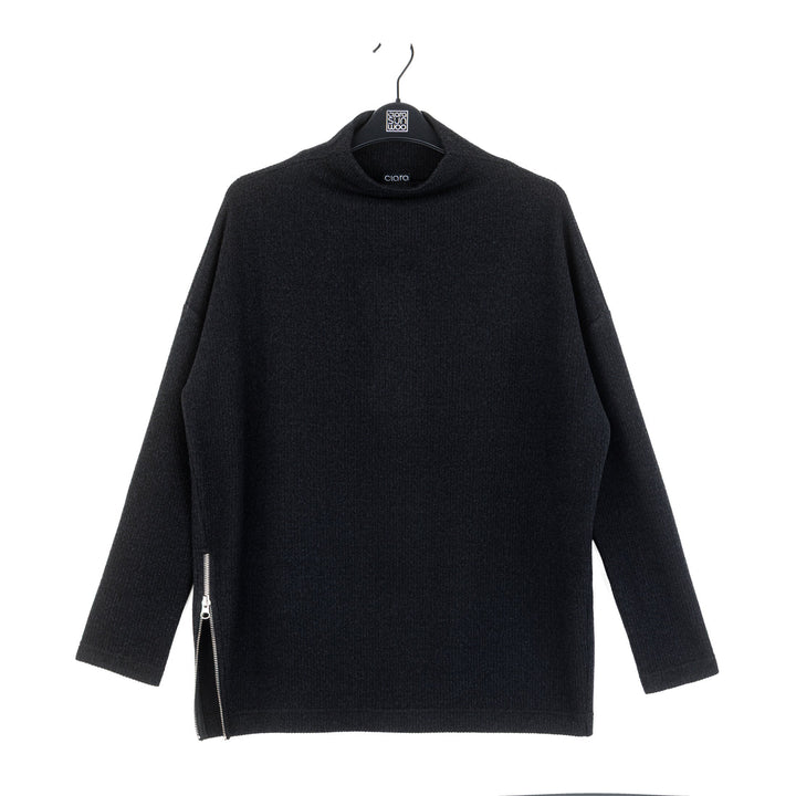 Ribbed Zipper Tunic Sweater - Black