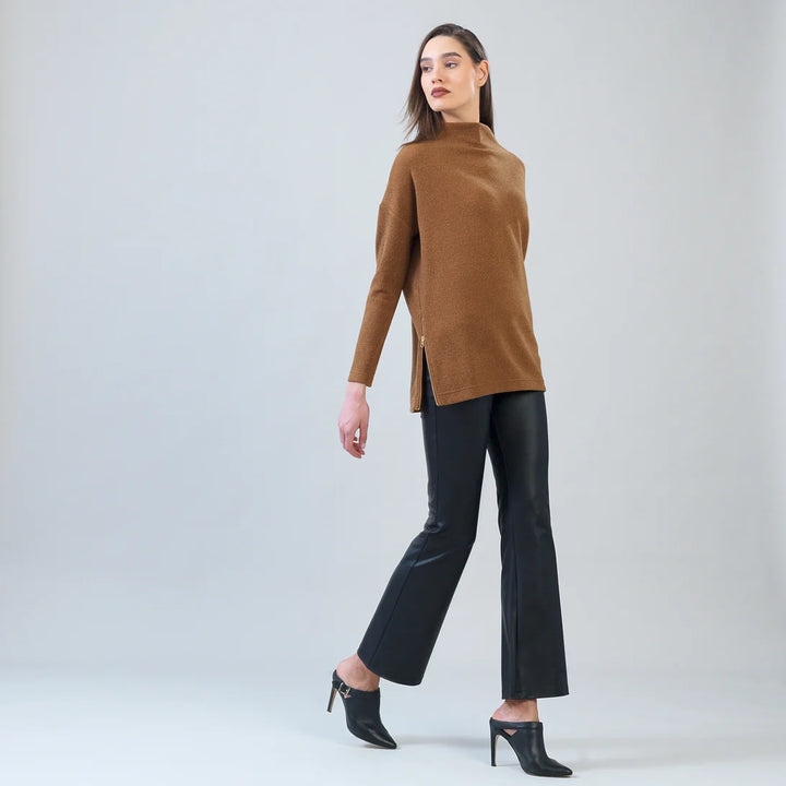 Ribbed Zipper Tunic Sweater - Camel