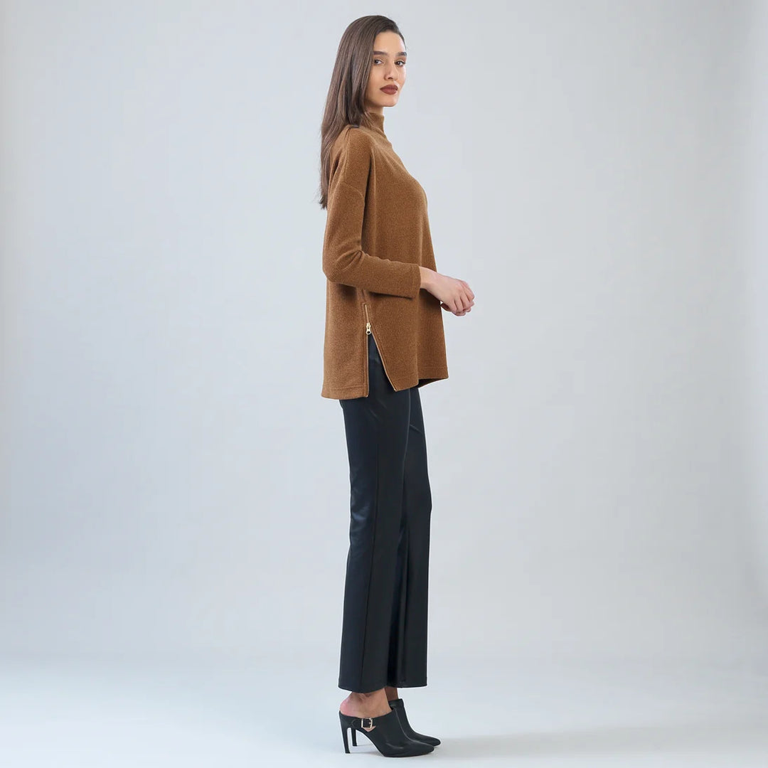 Ribbed Zipper Tunic Sweater - Camel
