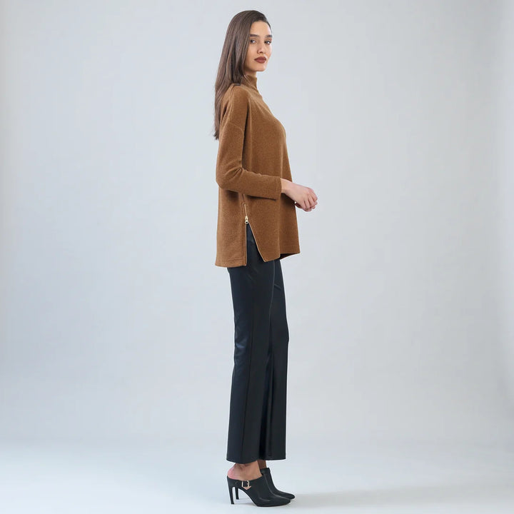 Ribbed Zipper Tunic Sweater - Camel