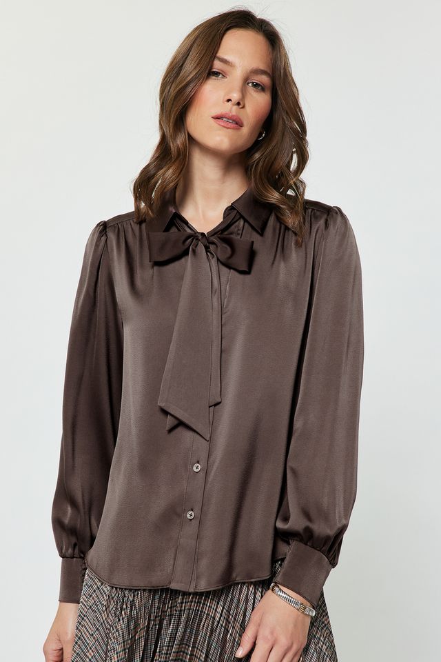 Satin Button Down Blouse w/ Tie