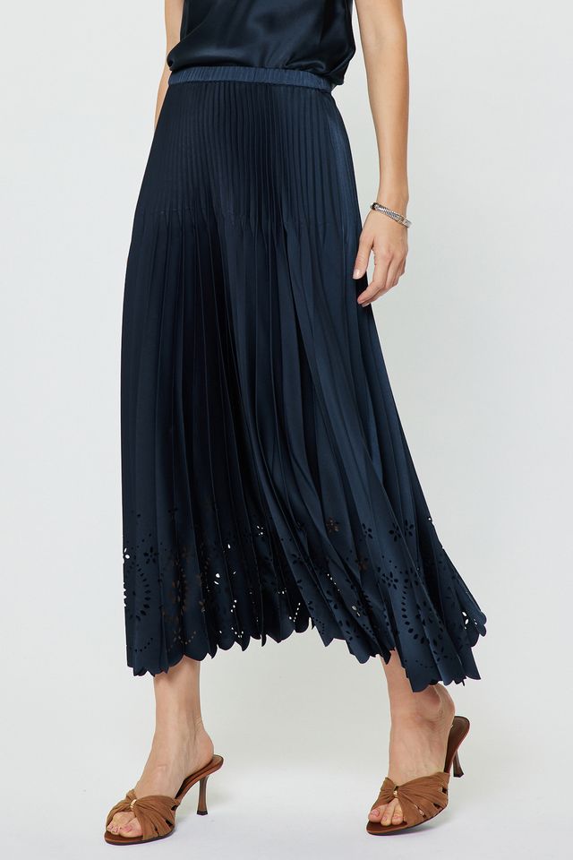 Pleated Laser Cut Maxi Skirt - Navy