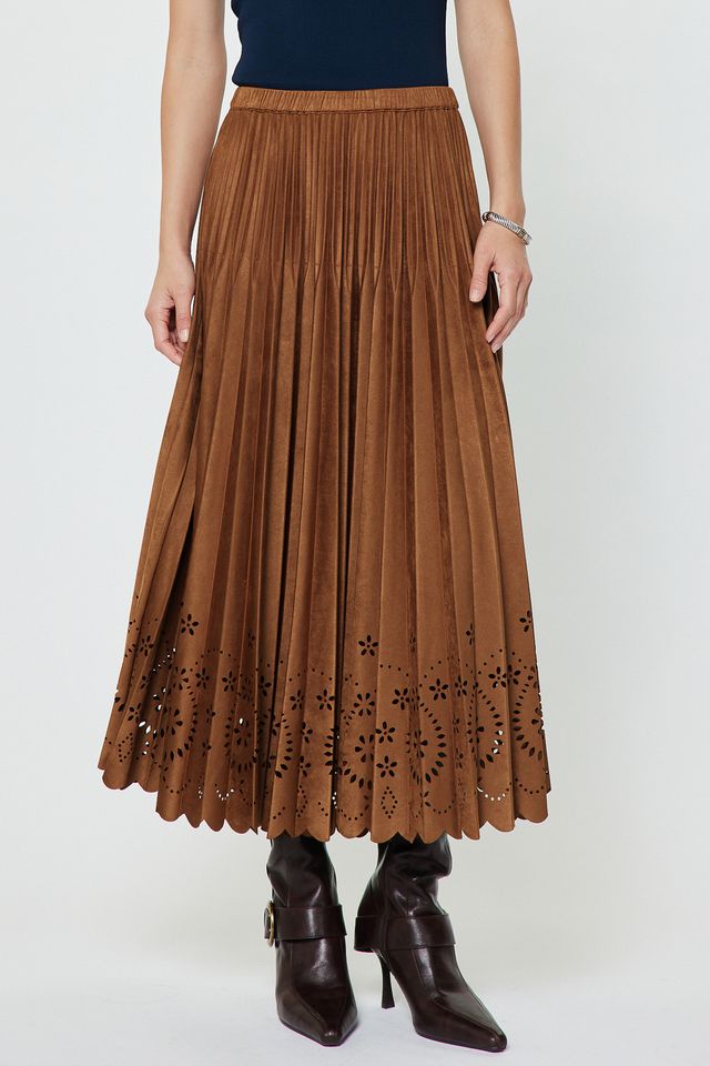 Pleated Laser Cut Maxi Skirt - Chestnut
