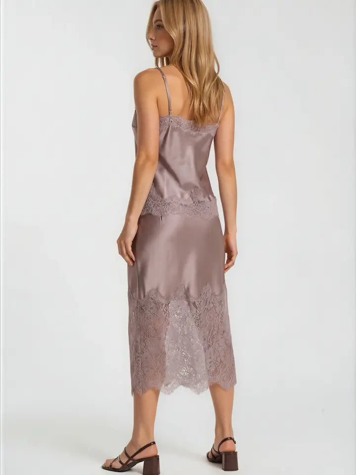 Lace Trim Satin Skirt