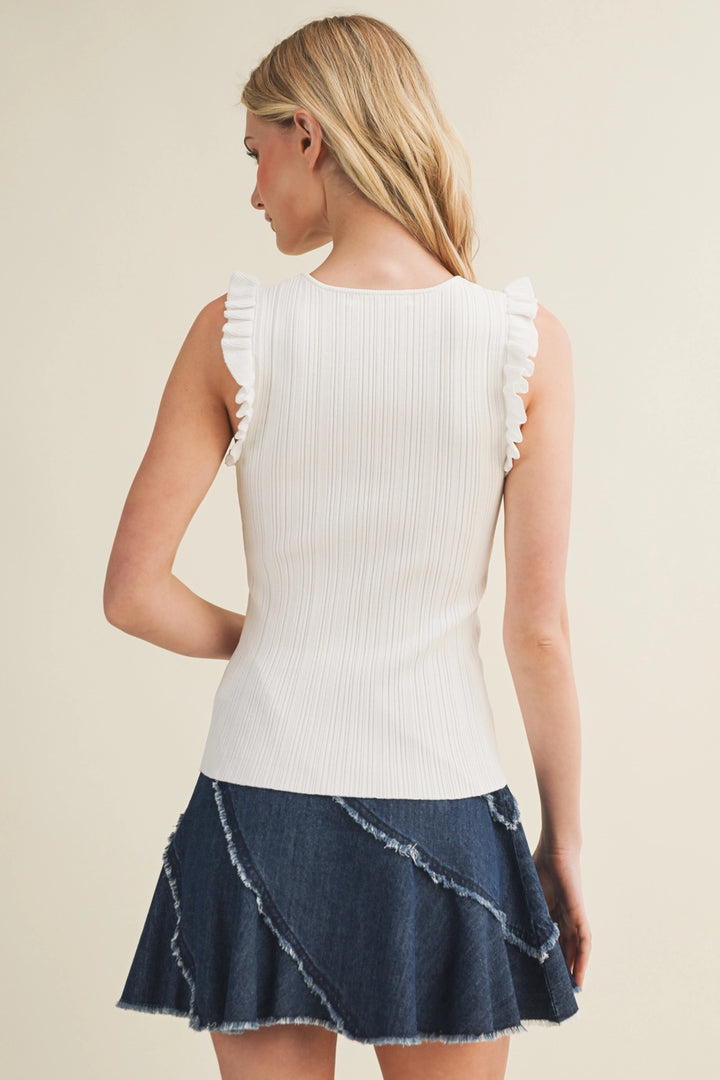 Plisse Shoulder Linear Ribbed Top