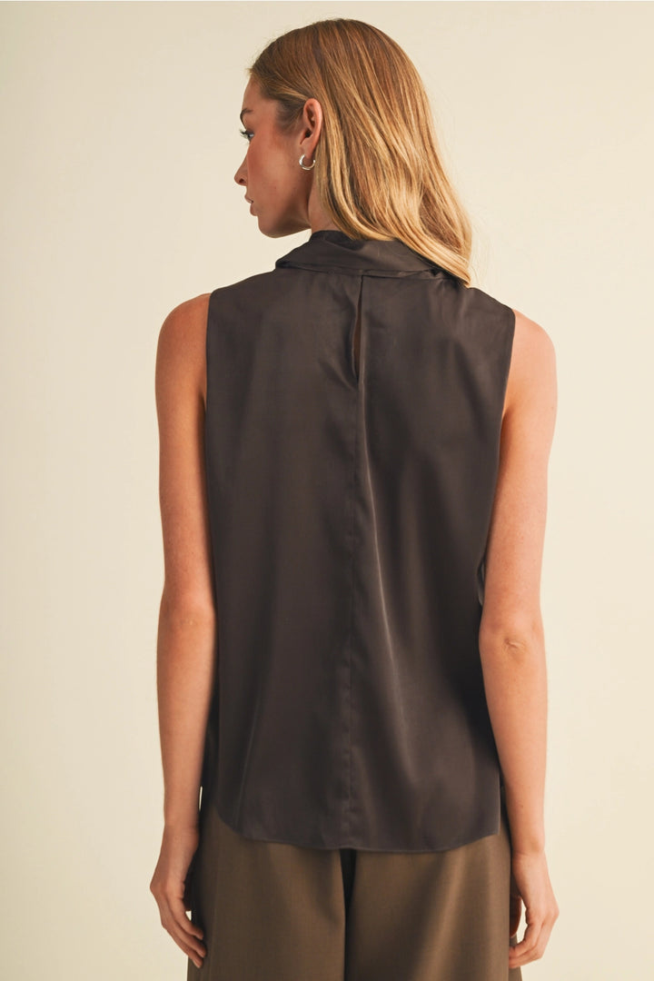 Satin Bow-Tie Mock-Neck Blouse