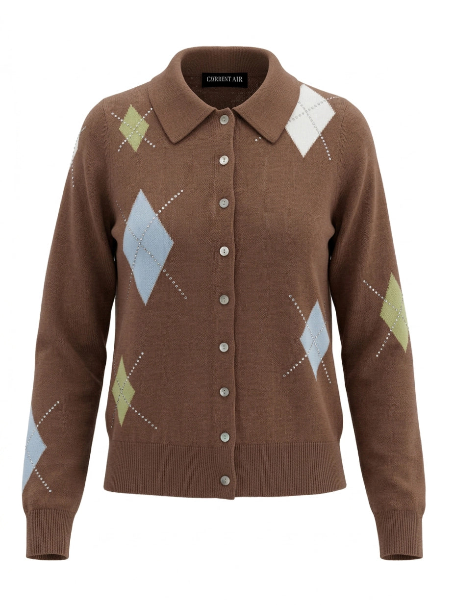 Argyle Rhinestone Sweater Cardigan