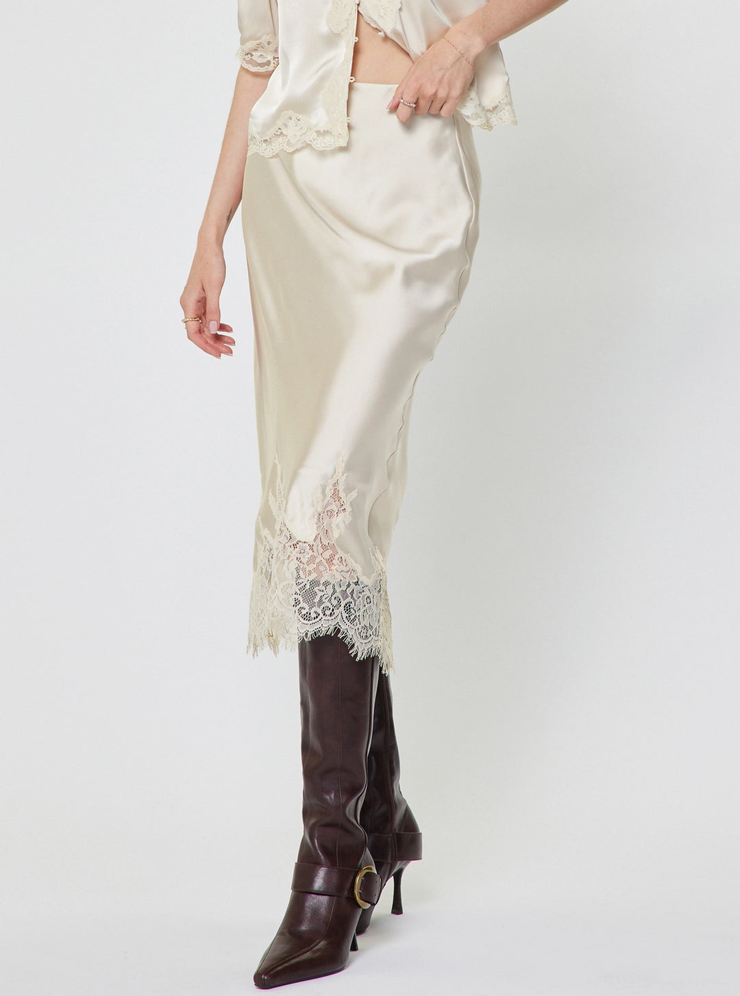 Lace Hem Satin Midi Skirt