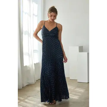 Polka Dot Pleated Midi Dress with Back Cutout