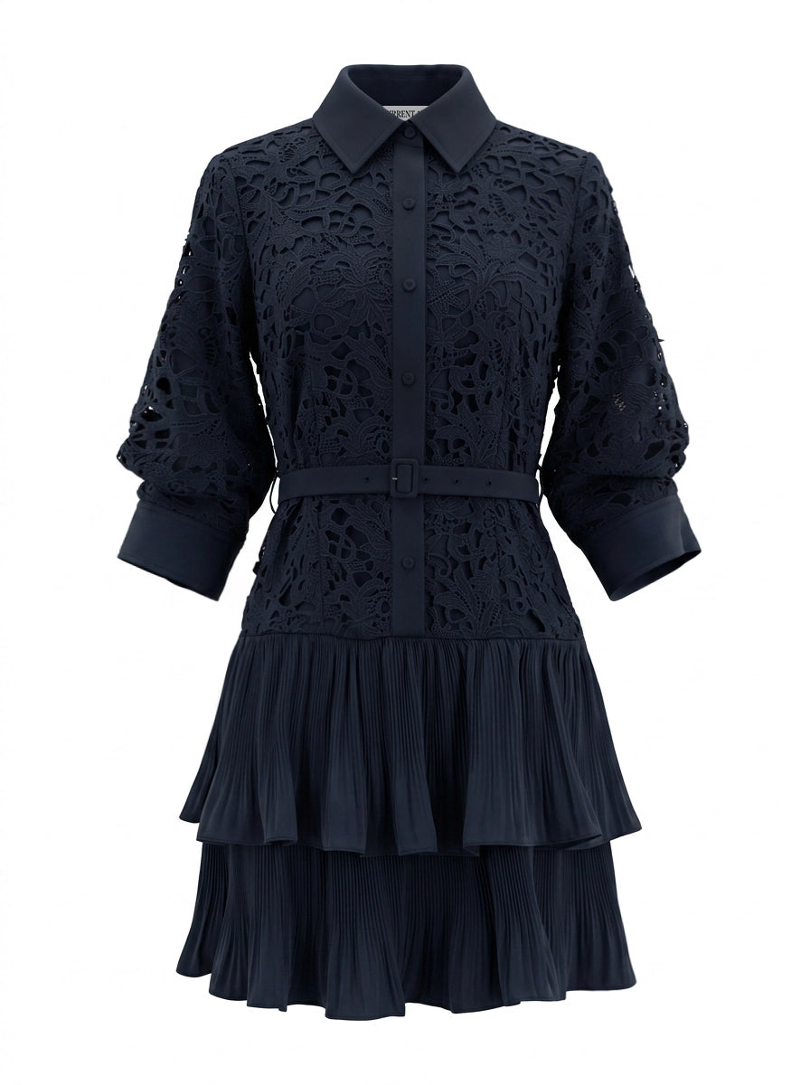 Lace Tiered Pleated Shirt Dress