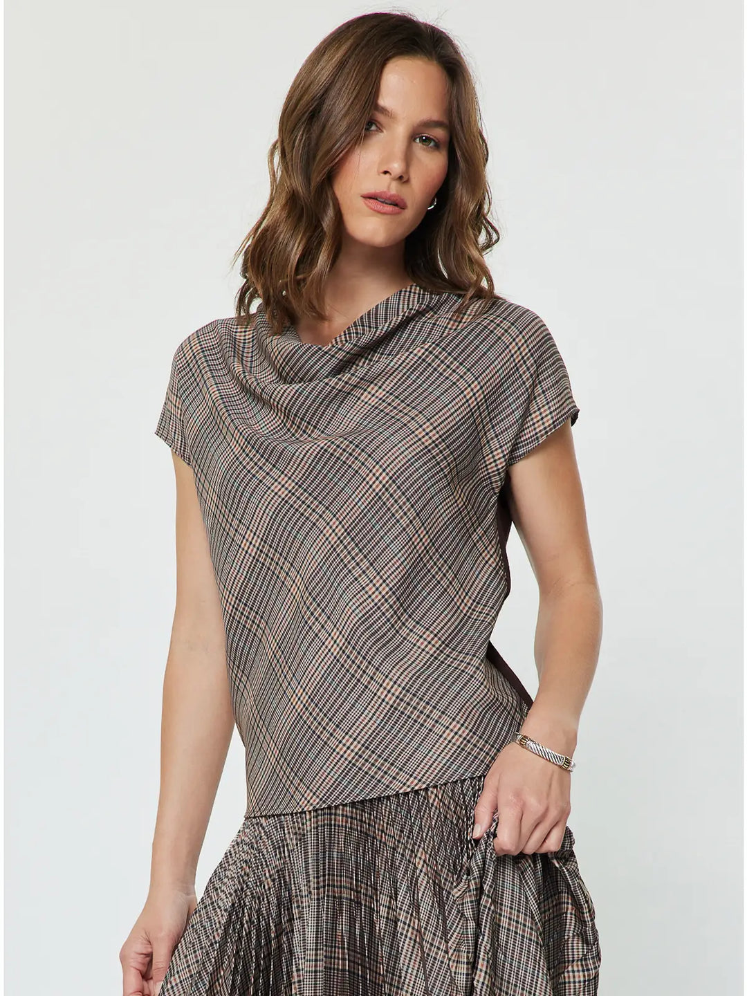 Plaid Cowl Neck Top