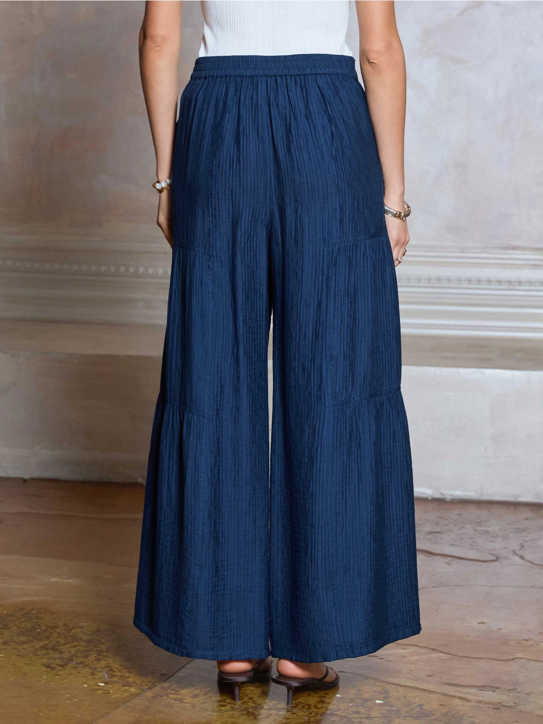 Textured Tiered Wide Leg Pants | Navy