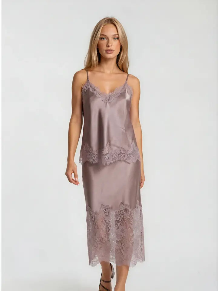 Lace Trim Satin Skirt