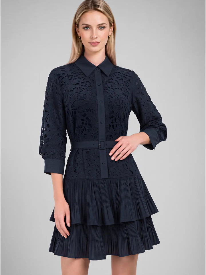 Lace Tiered Pleated Shirt Dress