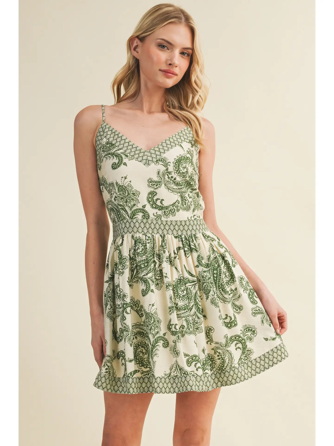 cami mini dress Drawstring Ruched Printed Yellow Green / S stopping piece made for golden hour glitz and nights that sparkle long after the sun sets Lattice Trim Paisley Cami Mini