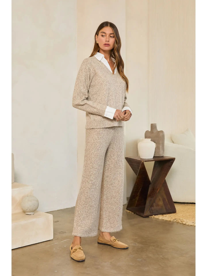 Marled V-Neck Layered Collar Knit Sweater