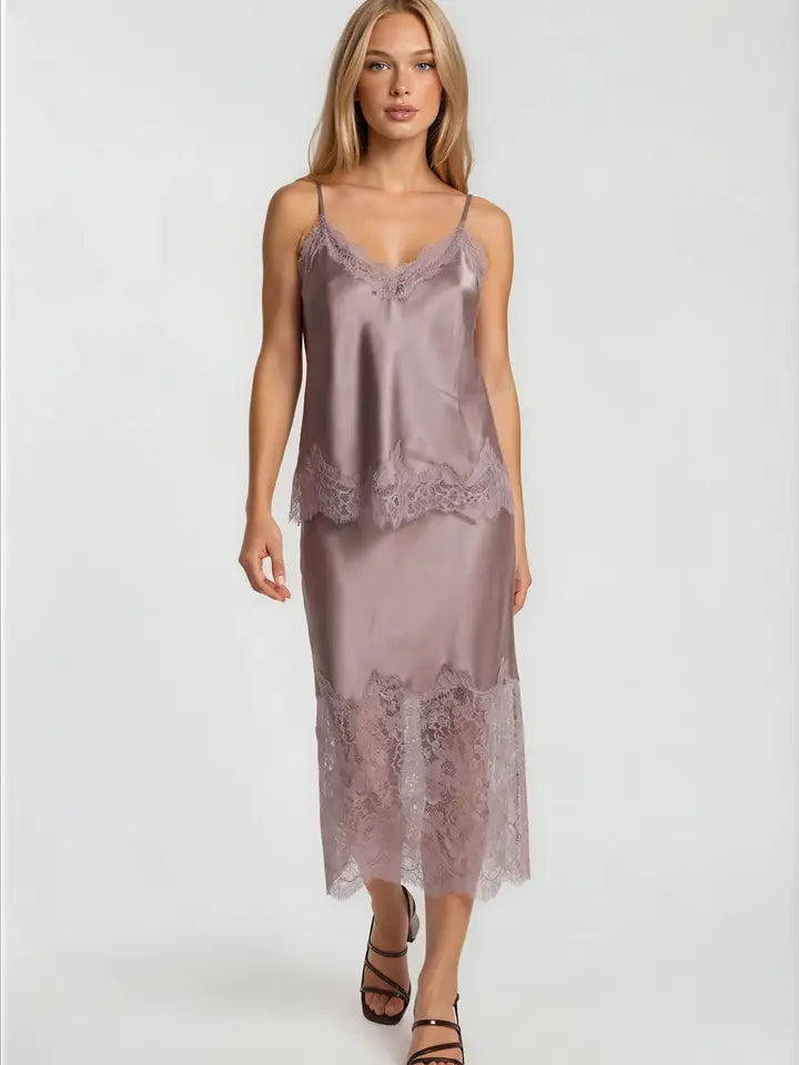 Lace Trim Satin Skirt