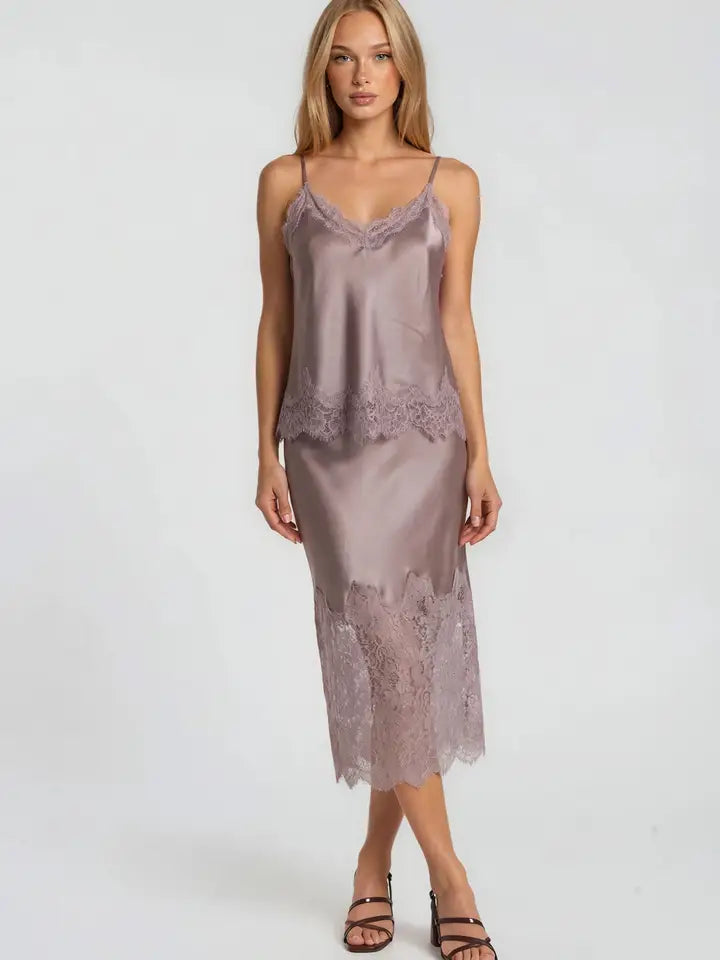 Lace Trim Satin Skirt