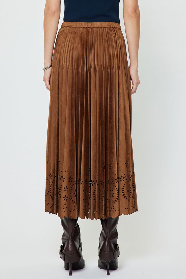 Pleated Laser Cut Maxi Skirt - Chestnut