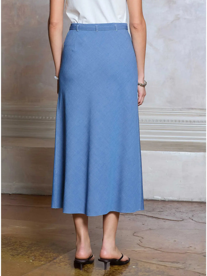 Chambray Belted Midi Skirt