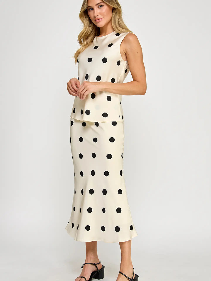 Polka Dot Satin Midi Skirt