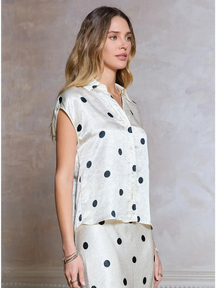 Polka Dot Cap Sleeve Button Down Shirt