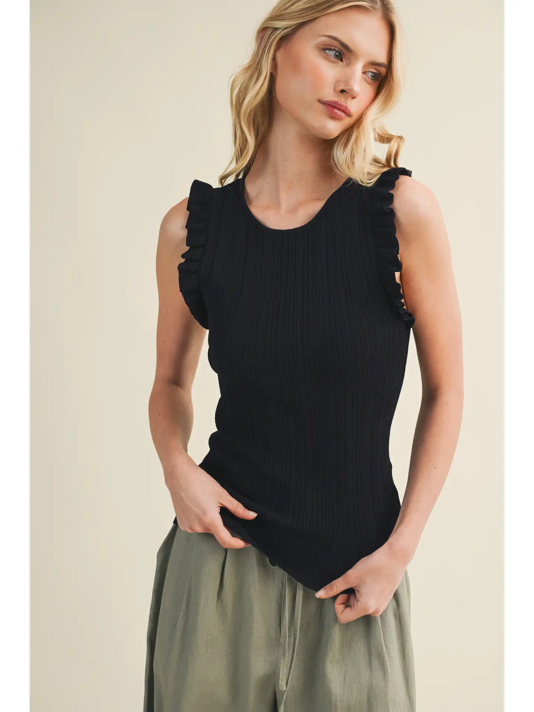Plisse Shoulder Linear Ribbed Top