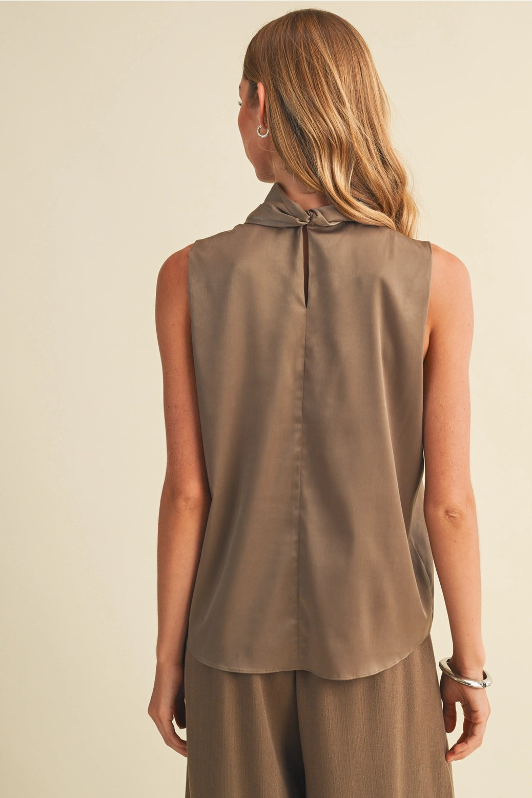 Satin Bow-Tie Mock-Neck Blouse