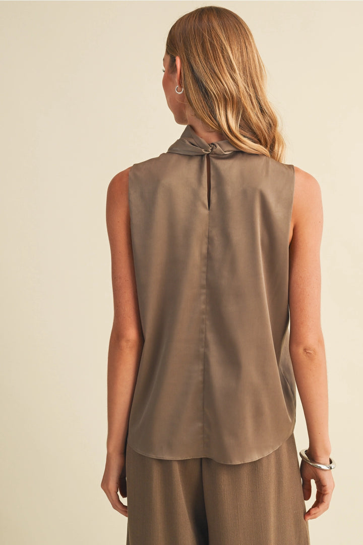 Satin Bow-Tie Mock-Neck Blouse