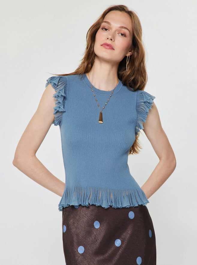 Dusty Blue Pointelle Ruffle Sweater Top