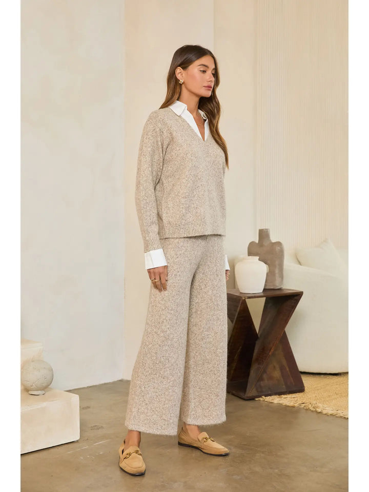 Marled V-Neck Layered Collar Knit Sweater