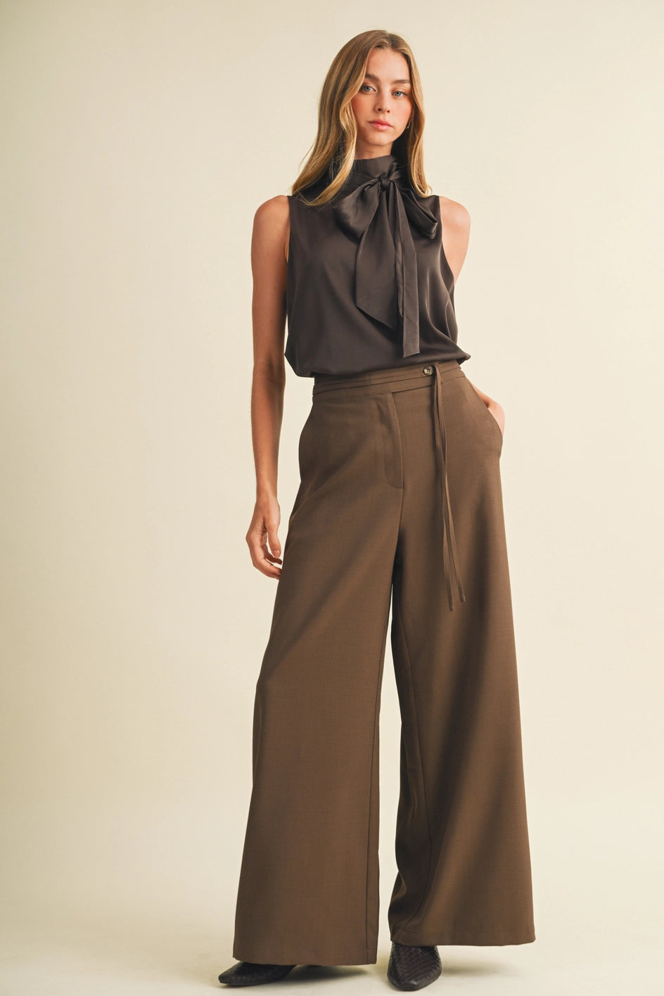 Asymmetric Tie-Waist Wide-Leg Trousers