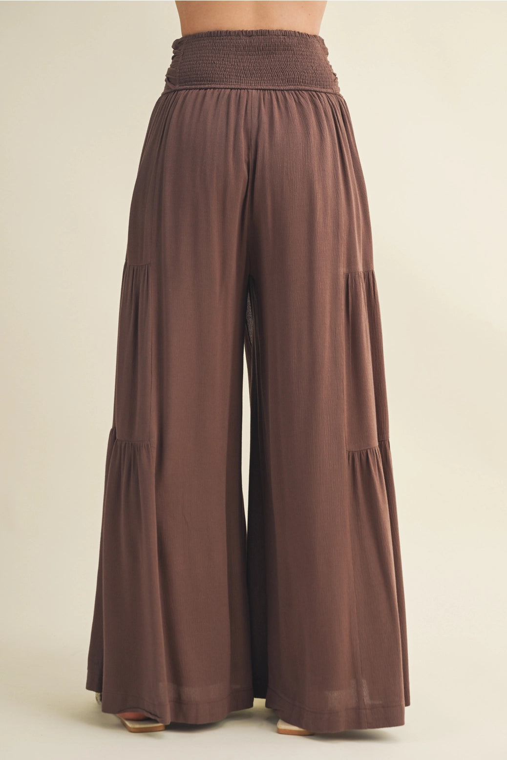 Smocked Tie-Waist Tiered Palazzo Pant