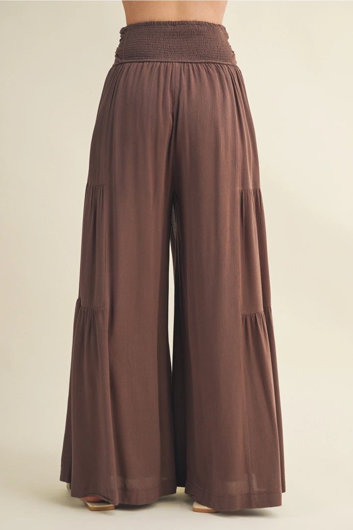 Smocked Tie-Waist Tiered Palazzo Pant