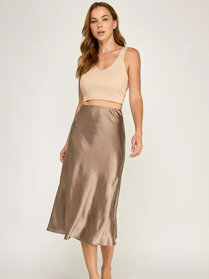 Satin Midi Skirt in Stone