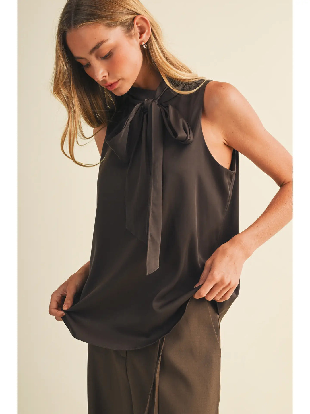 Satin Bow-Tie Mock-Neck Blouse
