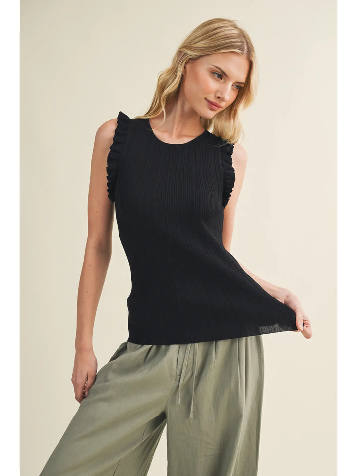 Plisse Shoulder Linear Ribbed Top