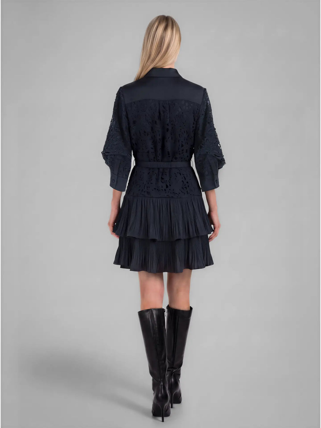Lace Tiered Pleated Shirt Dress