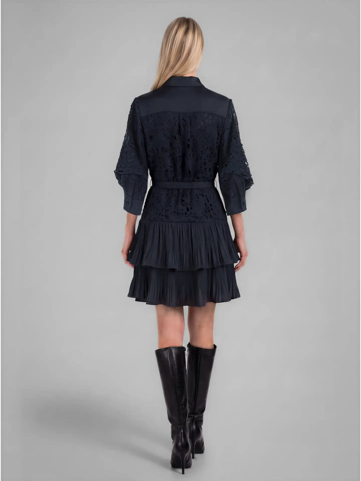 Lace Tiered Pleated Shirt Dress