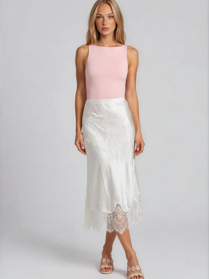 Satin &amp; Lace Midi Skirt