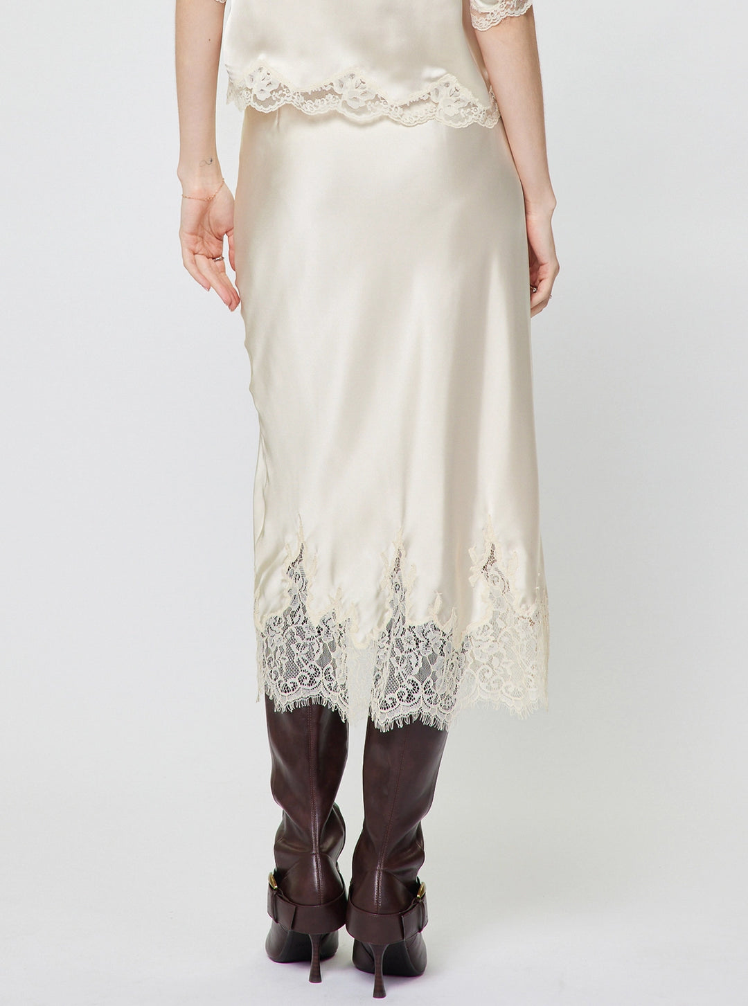 Lace Hem Satin Midi Skirt