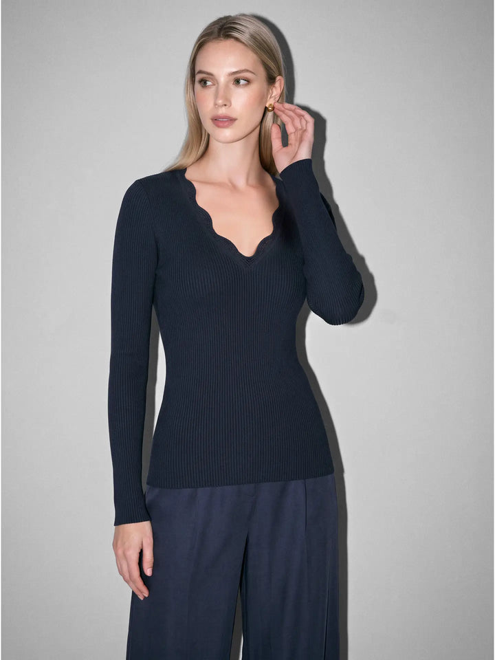 Ribbed Knit Scallop-Neck Top