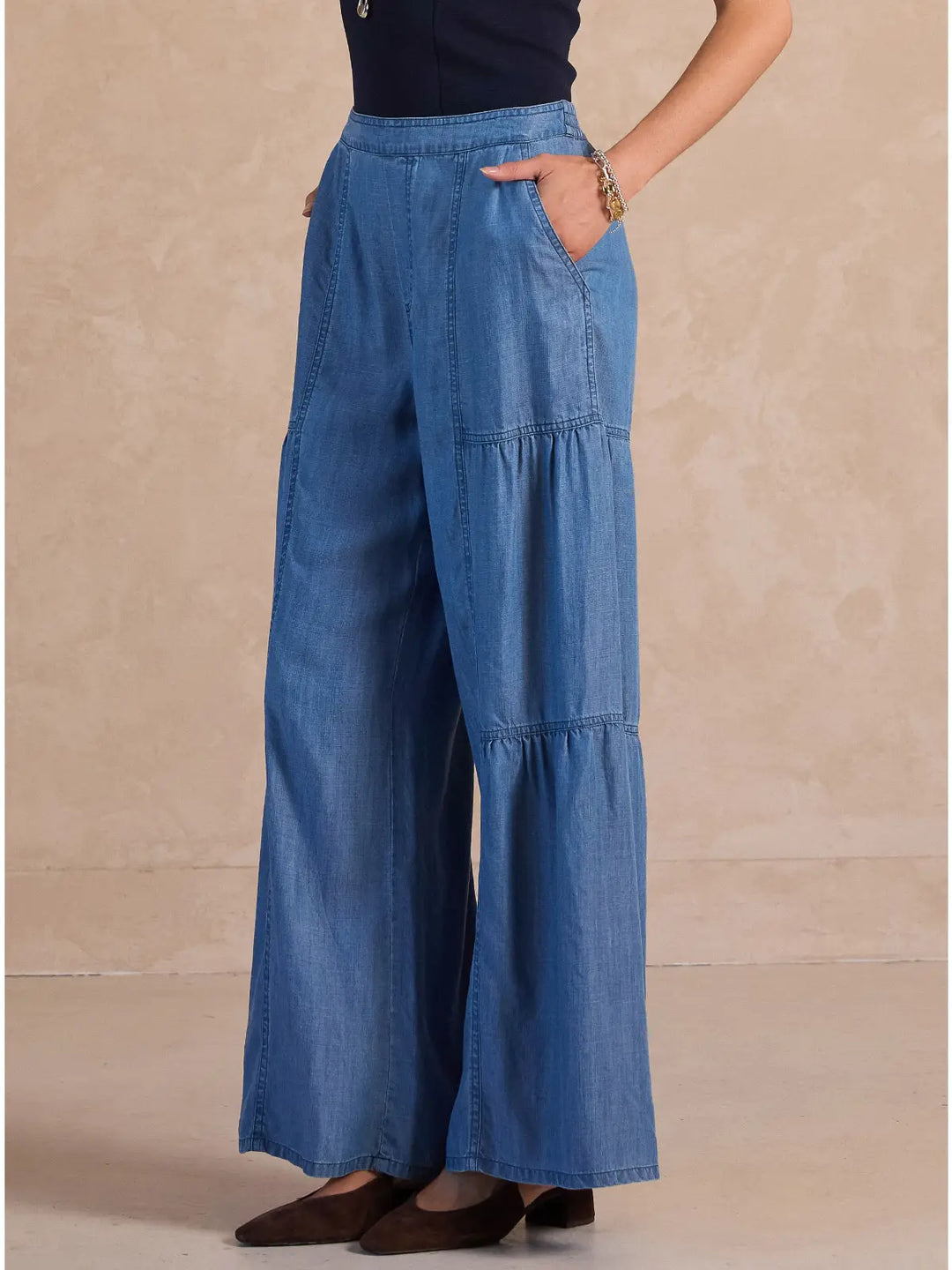 Tiered Chambray Wide Leg Pant