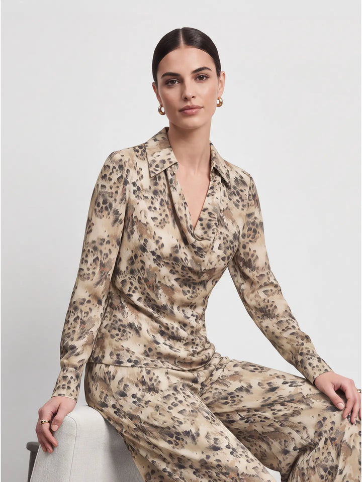 Leopard Cowl Neck Collared Blouse