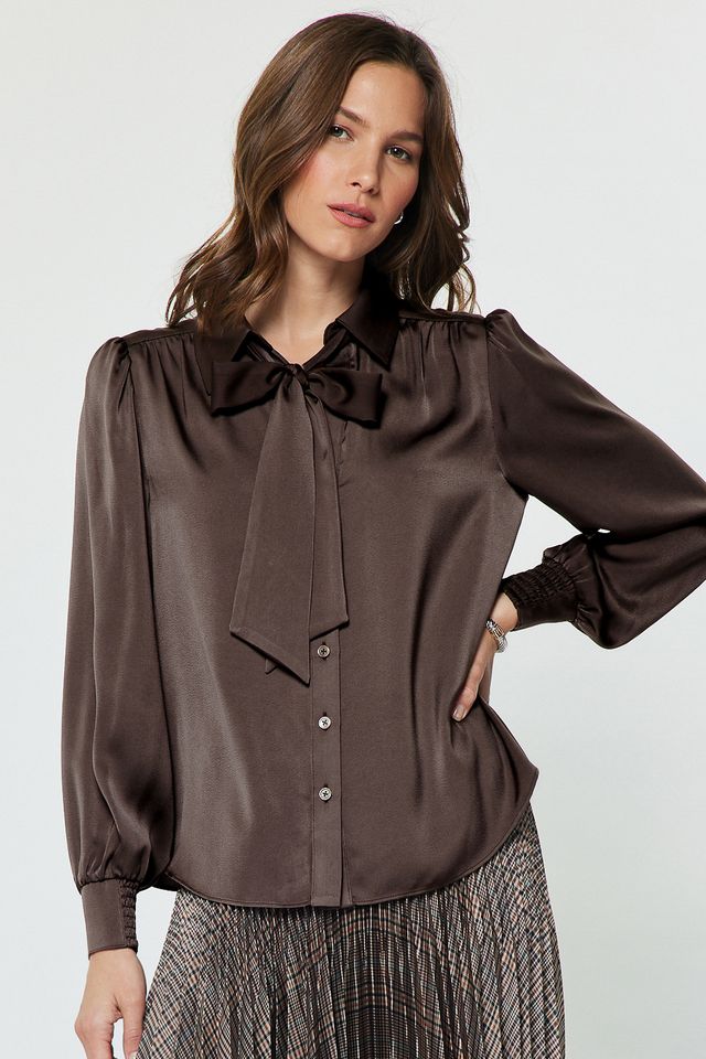 Satin Button Down Blouse w/ Tie