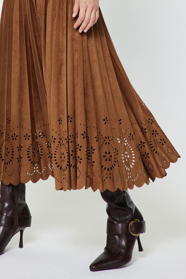 Pleated Laser Cut Maxi Skirt - Chestnut