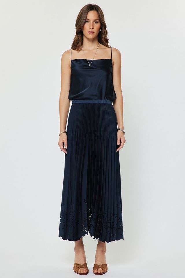 Pleated Laser Cut Maxi Skirt - Navy