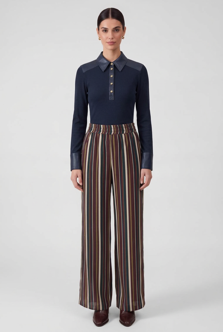 AI-generated styling image of navy Current Air ribbed knit faux leather polo paired with burgundy multi-striped wide-leg pants